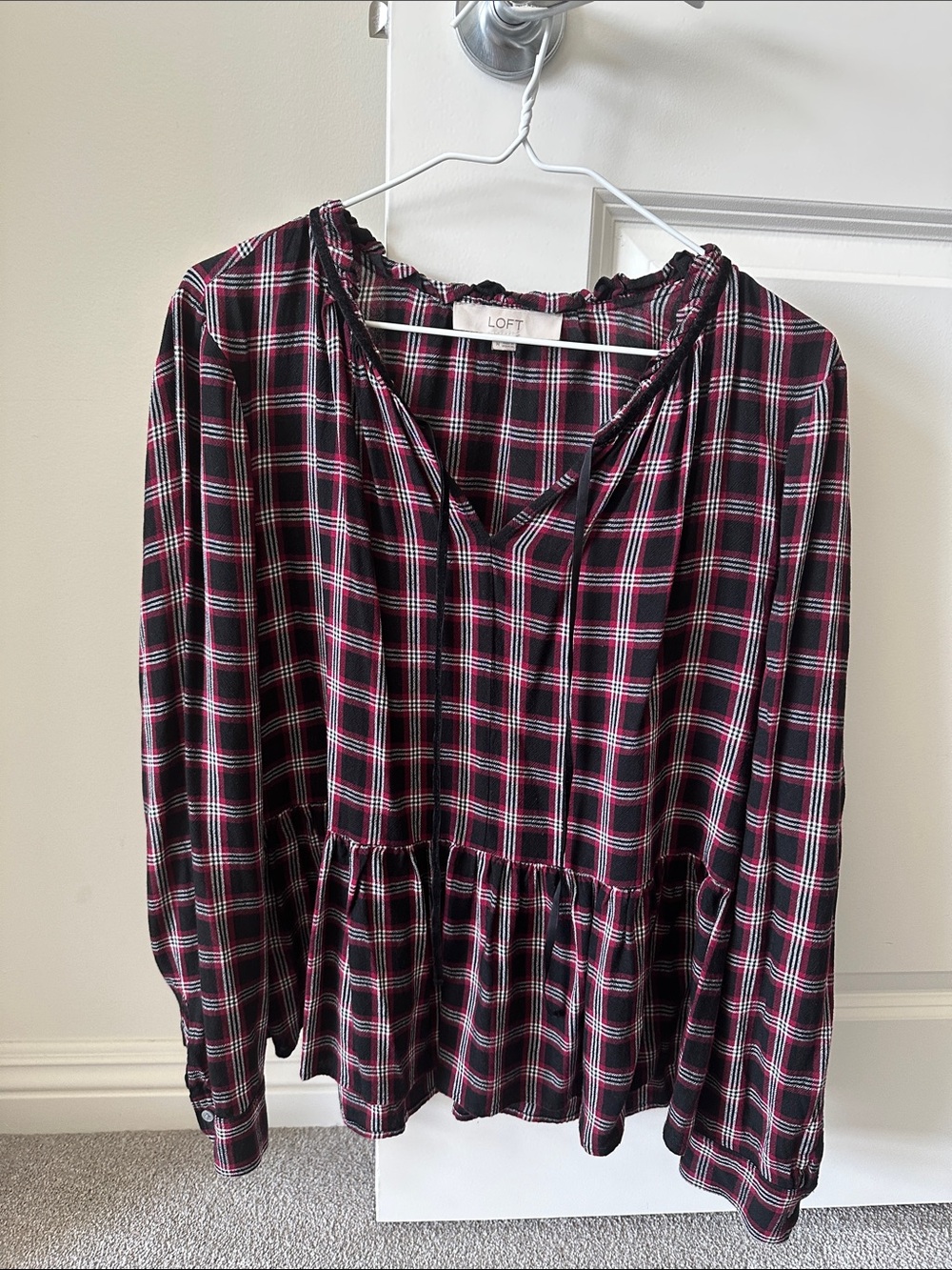 LOFT Black and Red Plaid Peplum Tunic Top